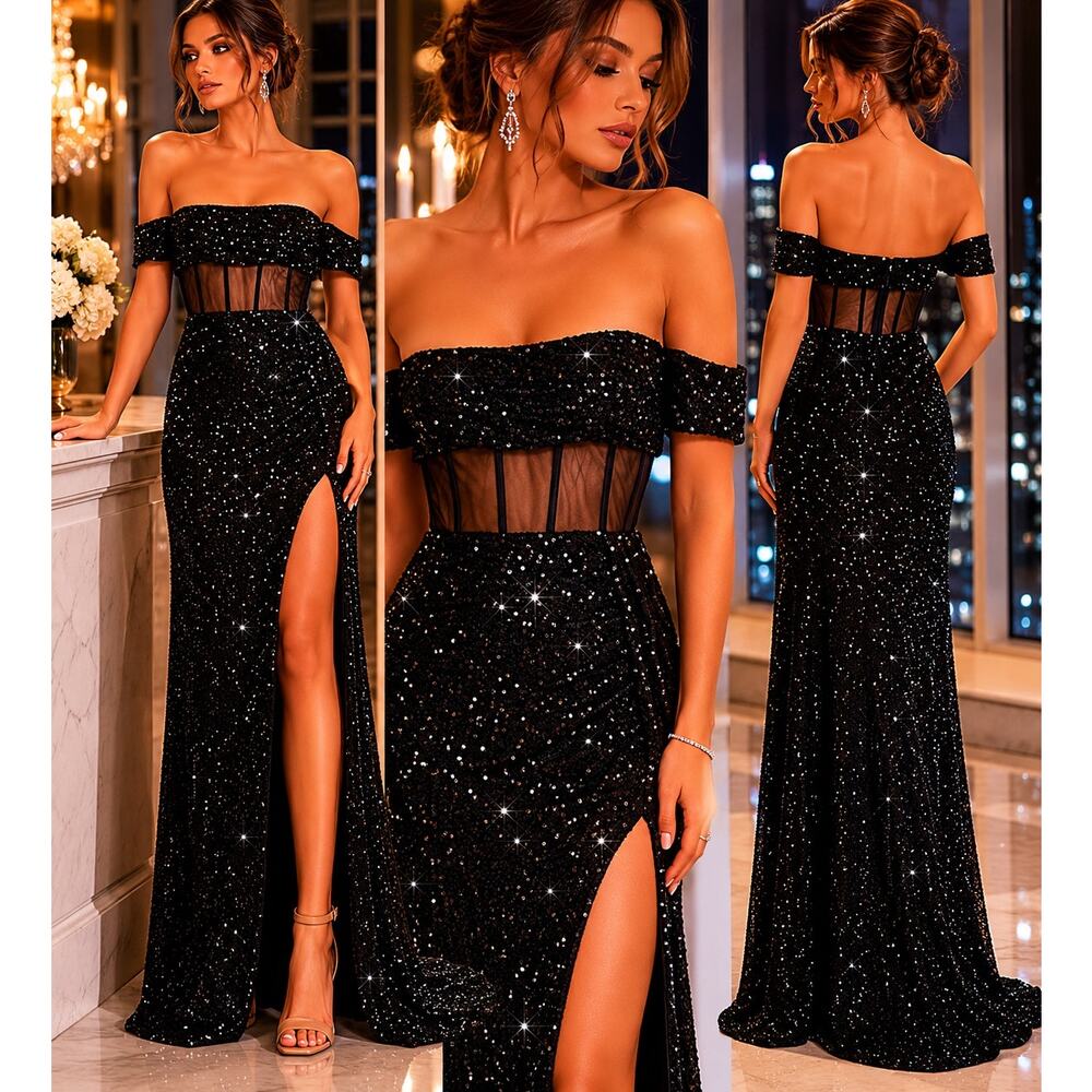 Mac Duggal Ieena Black Sequin Sheer Corset Off Shoulder Gown 11665 NWT Size 0